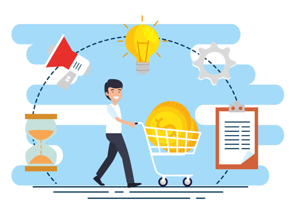 man with shopping car and document with coins